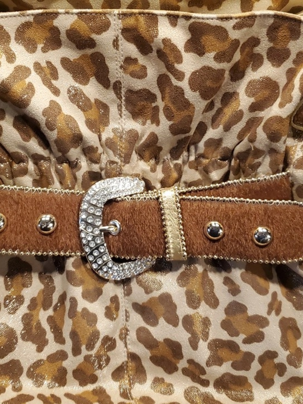 Kathy Van Zeeland Rhinestone Buckle Brown Leopard Print Waist Belt Purse
